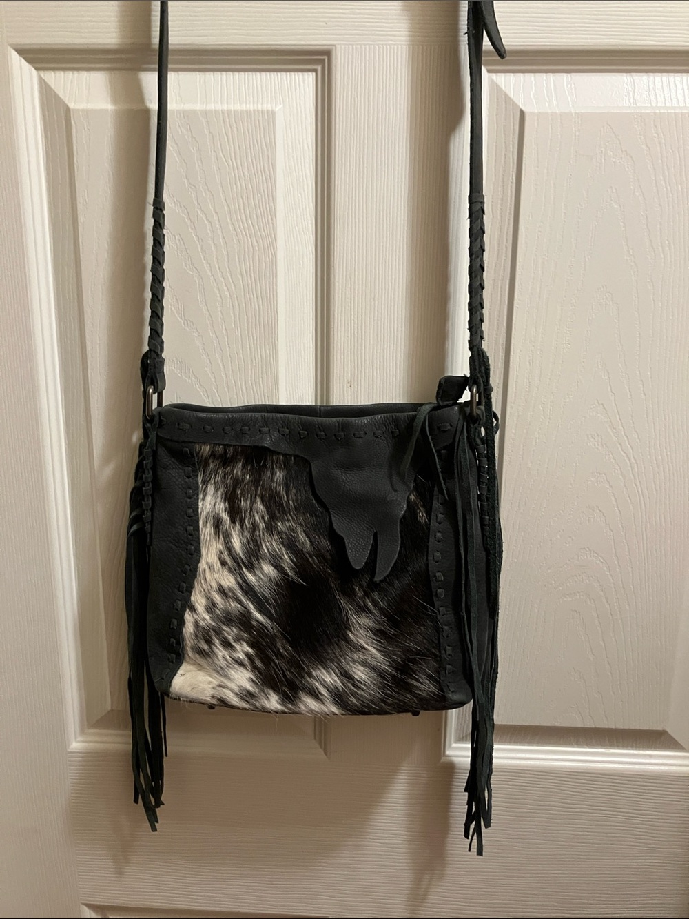 Delilah Hide on Hair cross body with Cowhide Panel and Fringe